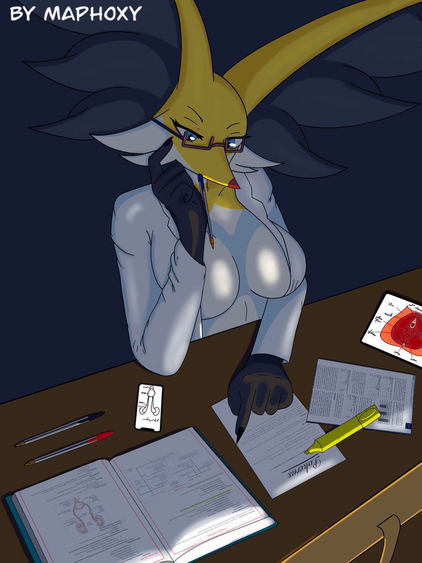 anthro blue_eyes breasts cellphone dark_room electronics eyewear female fur glasses looking_down medium_breasts paper pencil_(object) pencil_in_mouth phone reading solo studying tablet white_body white_fur artmaphoxy nintendo pokemon maphoxy delphox generation_6_pokemon pokemon_(species) hi_res