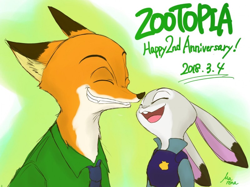 anthro clothing duo eyes_closed female fur green_eyes male purple_eyes marema_kishin disney zootopia judy_hopps nick_wilde canid canine fox lagomorph leporid mammal rabbit red_fox true_fox 2018 hi_res