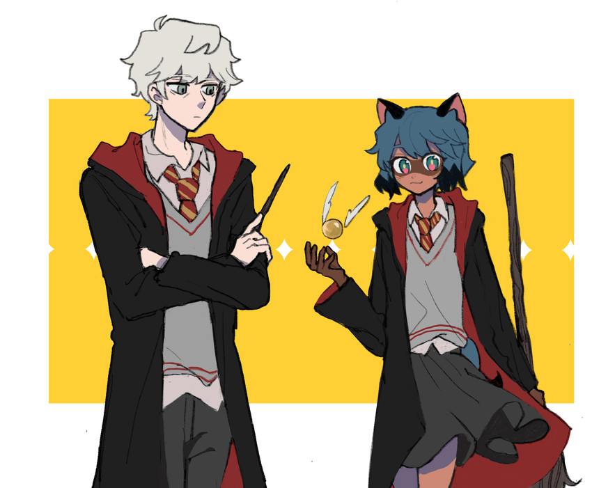 anthro black_body black_fur black_hair black_nose blue_body blue_eyes blue_fur blue_hair bottomwear broom brown_body brown_fur cleaning_tool clothed clothing cosplay crossed_arms duo female fluffy fluffy_tail fur golden_snitch grey_hair gryffindor hair hogwarts_uniform male multicolored_body multicolored_fur multicolored_hair necktie school_uniform short_hair skirt smile tail topwear uniform caffeicbunny brand_new_animal harry_potter_(series) studio_trigger michiru_kagemori shirou_ogami canid canine human mammal raccoon_dog tanuki 2020 hi_res