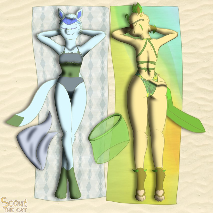 anthro beach beach_towel bikini blue_body blue_clothing blue_fur blue_hair bottomwear butt clothing duo ear_piercing ear_ring eyeliner eyes_closed eyewear female fur green_body green_clothing green_fur hair jewelry lying makeup navel necklace on_back on_front one-piece_swimsuit pattern_clothing piercing ring_piercing skirt sunbathing sunglasses swimwear tan_body tan_fur thick_thighs towel towel_wrap two-piece_swimsuit scoutthecat02 nintendo pokemon lisa_devellis marissa_reinhart eeveelution generation_4_pokemon glaceon leafeon pokemon_(species) 1:1 absurd_res hi_res