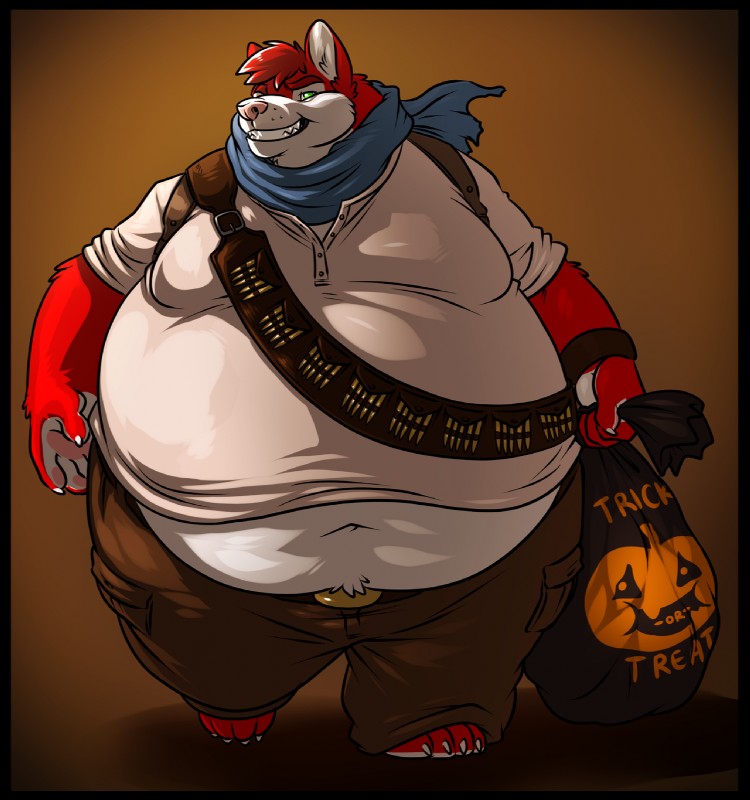 anthro barefoot belly belly_overhang big_belly biped black_border border chubby_cheeks claws clothed clothing cosplay feet fur grin holding_object holidays male midriff moobs navel obese obese_anthro obese_male orange_background overweight overweight_anthro overweight_male red_body red_fur scarf simple_background smile solo teeth thick_thighs toe_claws walking wide_hips neodokuro halloween naughty_dog sony_corporation sony_interactive_entertainment uncharted shez canid canine canis domestic_dog husky mammal nordic_sled_dog spitz hi_res