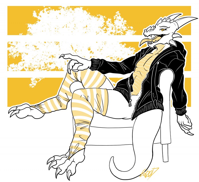 anthro biped clothed clothing horn legwear looking_at_viewer male sitting solo tail thigh_highs tongue tongue_out eda mythology talash dragon mythological_creature mythological_scalie scalie hi_res