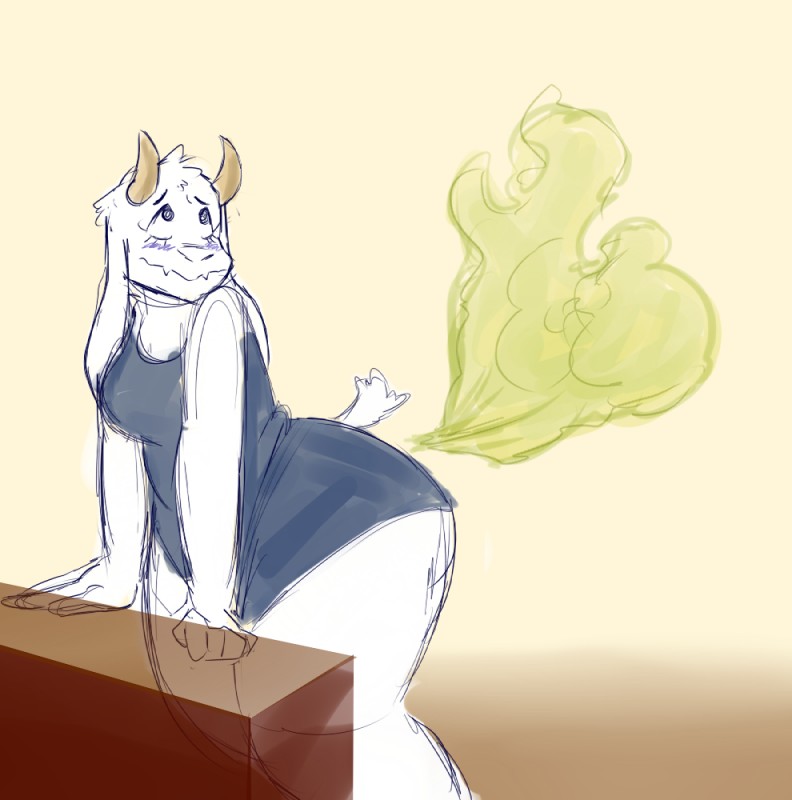 anthro big_breasts blush breasts clothed clothing fart fart_cloud fart_fetish female fur horn long_ears mature_female solo thick_thighs tuft white_body white_fur wide_hips fakerface45 undertale undertale_(series) toriel boss_monster_(undertale) bovid caprine mammal