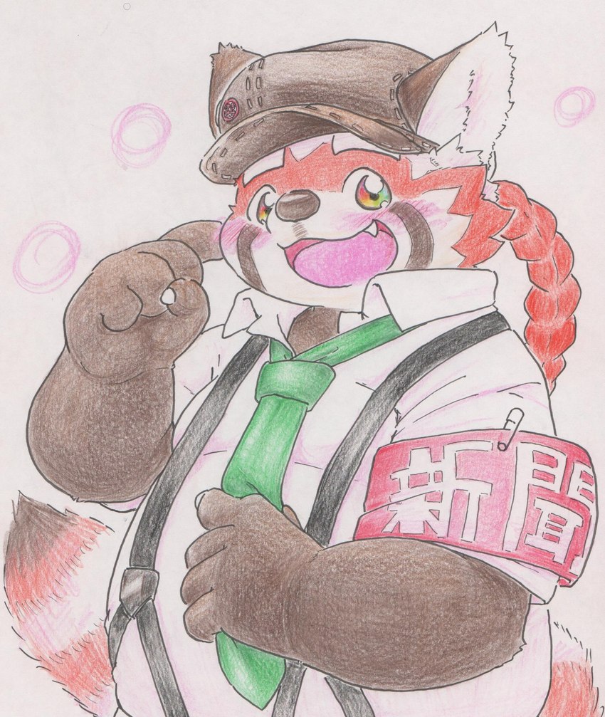 anthro belly blush brown_body brown_fur clothing cute_fangs fangs fur hat headgear headwear humanoid_hands kemono male necktie overweight overweight_male red_body red_fur shirt simple_background solo suspenders teeth topwear tabasukotrr lifewonders tokyo_afterschool_summoners zhurong_(tas) ailurid mammal red_panda 2021 hi_res traditional_media_(artwork)