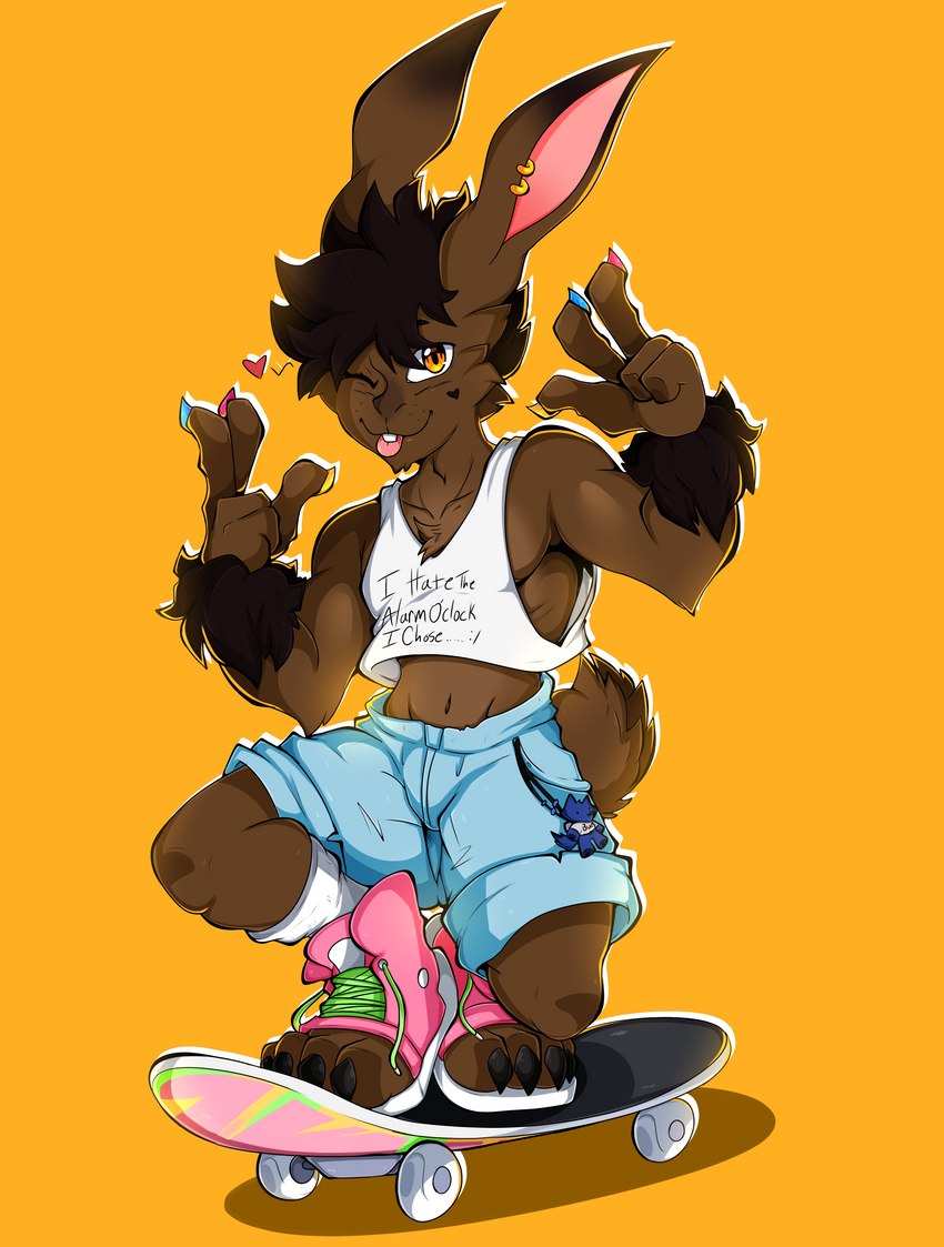 anthro clothing colored_nails looking_at_viewer male nails one_eye_closed shirt simple_background skateboard solo tank_top topwear vehicle wink choco_bunbun lagomorph leporid mammal rabbit absurd_res cel_shading hi_res shaded