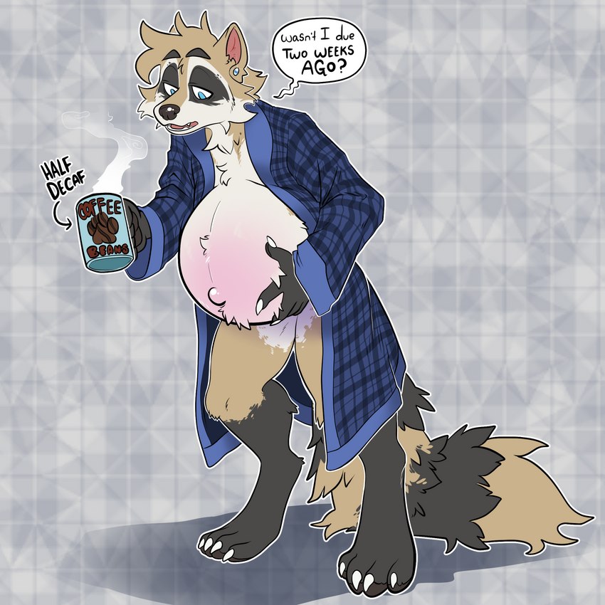 anthro bathrobe beverage blue_bathrobe blue_clothing blue_robe claws clothed clothing coffee coffee_mug digitigrade ear_piercing finger_claws holding_belly linea_nigra male navel open_clothing open_robe outie_navel pattern_background piercing plaid pregnant pregnant_anthro pregnant_male robe ruffled_fur simple_background solo steam tired_eyes tired_look toe_claws rottenrigby griev mammal procyonid raccoon 1:1 hi_res