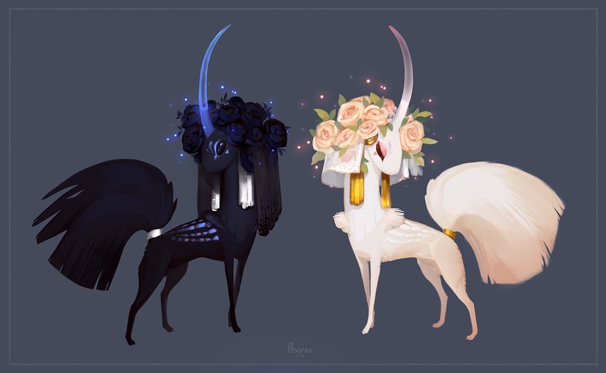 accessory ambiguous_gender black_body black_fur duo feral flower flower_in_hair fur furgonomics glowing gold_(metal) hair hair_accessory horn mirrored plant silver_(metal) simple_background tail tail_accessory white_body white_fur alsares those_who_went_missing esk