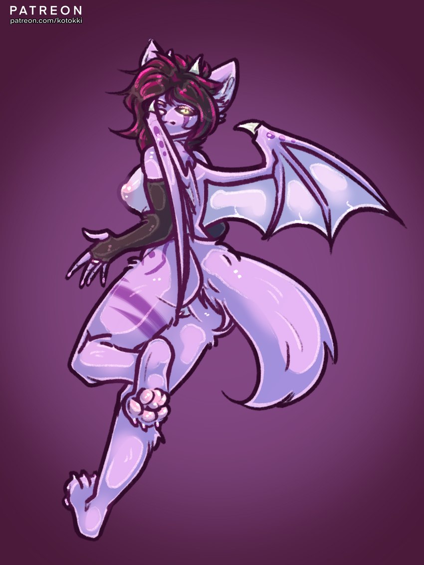 anthro breasts butt claws clothing feet female fluffy fur genitals gloves hair handwear horn jewelry looking_at_viewer nipples nude pawpads paws pussy ring solo tail toes wings kotokki bat hybrid mammal 2023 absurd_res digital_drawing_(artwork) digital_media_(artwork) hi_res