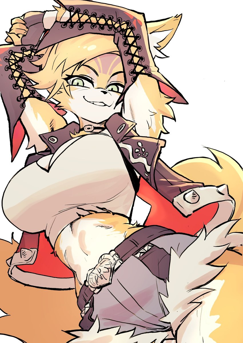 anthro big_breasts breasts clothing female fur green_eyes presenting smile smiling_at_viewer solo topwear white_clothing white_topwear yellow_body yellow_fur colo mihoyo zenless_zone_zero pulchra_(zenless_zone_zero) felid mammal hi_res