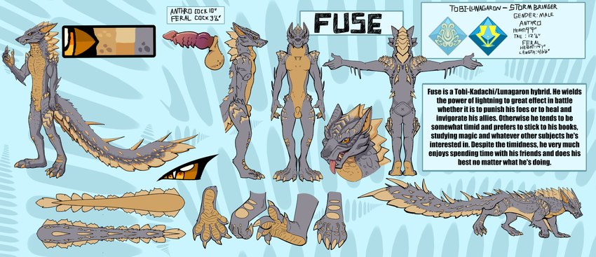 animal_genitalia anthro big_tail claws erection feral full_pad fully_sheathed genitals grey_body grey_scales knot knotted_penis male nude orange_body orange_eyes orange_scales padded_palms penis quadruped scales sheath spikes tail text tobi-lunagaron toe_claws wicked_whiskers zgf_art capcom monster_hunter fan_character fuse_(razim) fanged_wyvern lunagaron scalie tobi-kadachi 2025 absurd_res english_text hi_res model_sheet reference_image