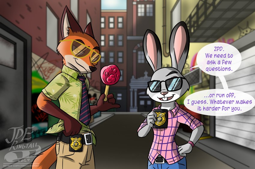 alley anthro biped buckteeth clothed clothing duo eyewear female female_anthro food holding_food holding_object holding_popsicle looking_at_viewer male male_anthro necktie pawpsicle police_badge popsicle raised_clothing raised_shirt raised_topwear shirt sunglasses talking_to_viewer teeth topwear jde10 disney zootopia judy_hopps nick_wilde canid canine european_rabbit fox lagomorph leporid mammal oryctolagus rabbit red_fox true_fox