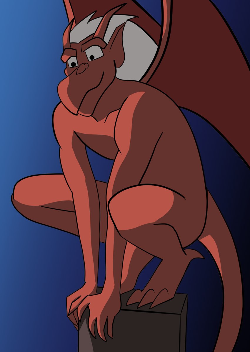 anthro crouching featureless_chest hair horn humanoid_pointy_ears looking_down male membrane_(anatomy) membranous_wings nude pointy_ears red_body smile solo tail white_hair wings darkwolf79 disney gargoyles brooklyn_(gargoyles) gargoyle scalie hi_res