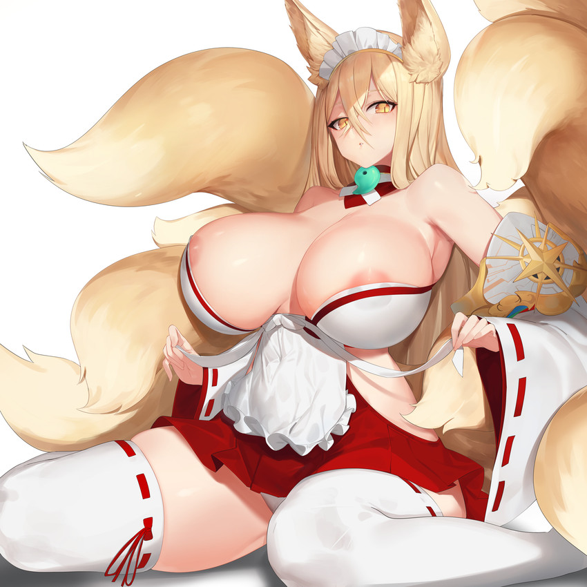 9_tails areola areola_slip armwear asian_clothing bare_shoulders beads big_breasts biped blonde_hair bottomwear breasts choker clothed clothing detached_sleeves dipstick_tail east_asian_clothing eyelashes female fluffy fluffy_tail front_view fur glistening glistening_breasts hair hakama huge_breasts inner_ear_fluff japanese_clothing jewelry legwear light_body light_skin long_hair looking_at_viewer magatama maid_headdress markings monotone_body monotone_hair multi_tail multicolored_tail necklace pink_areola pupils red_bottomwear red_clothing red_hakama simple_background sitting skimpy skindentation slit_pupils solo tail tail_markings thick_thighs thigh_highs topwear tuft two_tone_tail white_background white_clothing white_legwear white_topwear wide_hips yellow_body yellow_eyes yellow_fur yellow_inner_ear_fluff jam_(nandade) last_origin hirume animal_humanoid canid canid_humanoid canine canine_humanoid fox_humanoid humanoid mammal mammal_humanoid 1:1 absurd_res hi_res