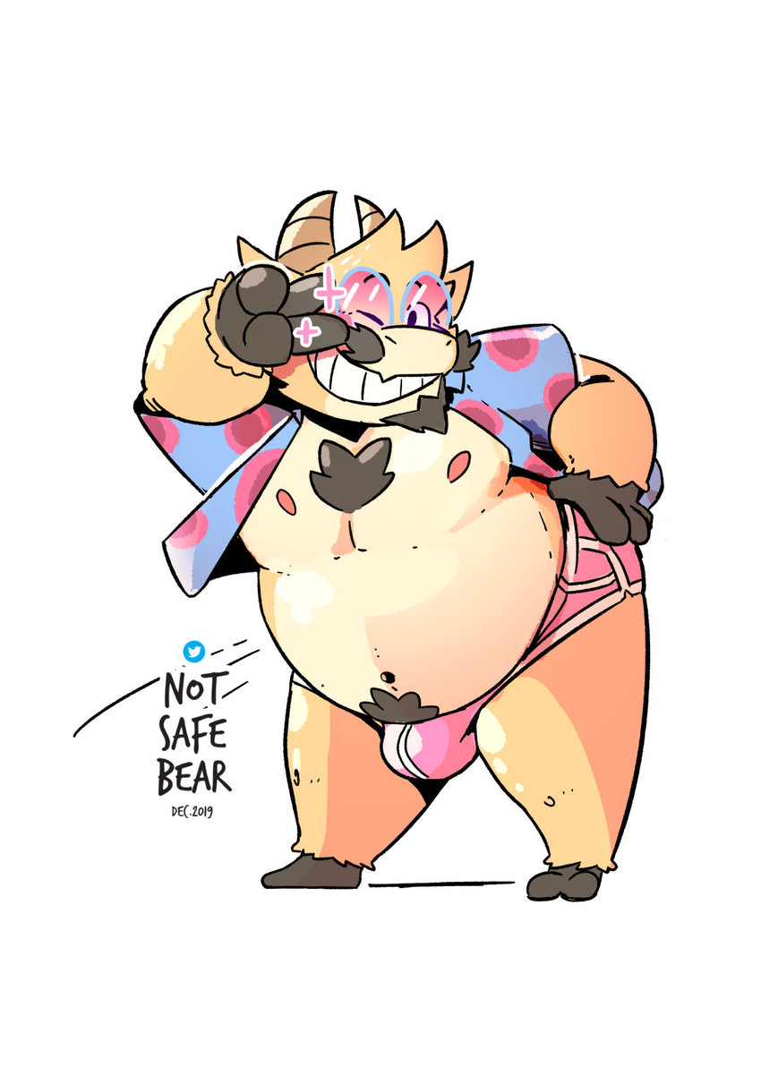 anthro belly bulge chest_tuft clothed clothing eyewear gesture hand_gesture male nipples overweight overweight_anthro overweight_male partially_clothed simple_background smile solo sunglasses tuft v_sign white_background notsafebear boke_(bokensfw) bovid caprine goat mammal hi_res