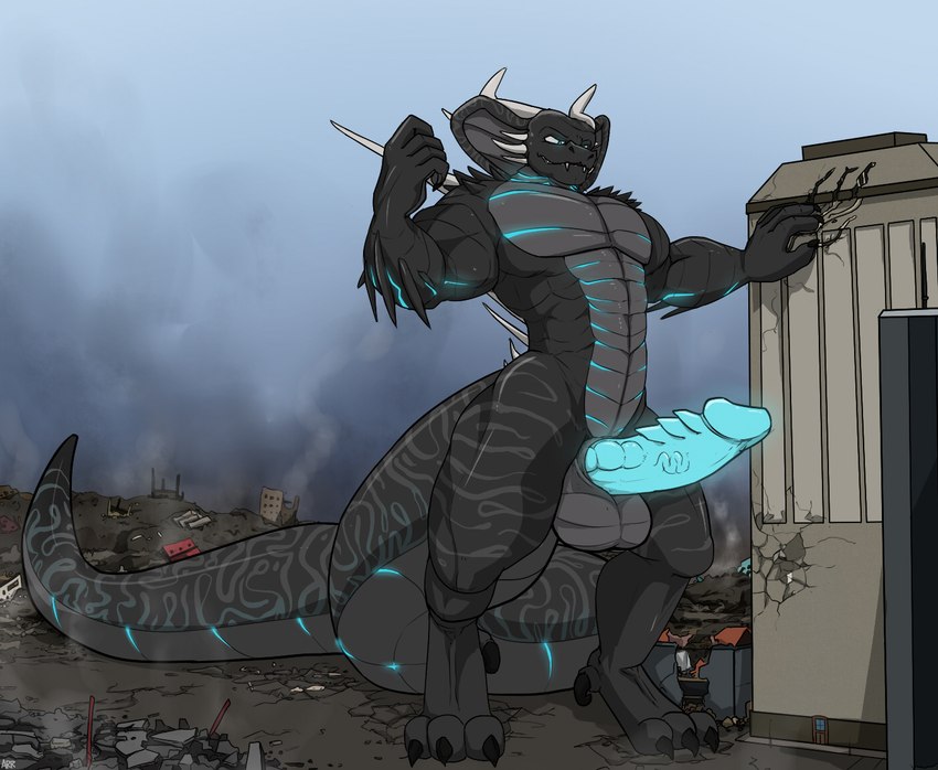4_toes 5_fingers abs anthro balls biceps big_tail blue_eyes blue_glow building building_destruction city city_background city_destruction city_ruins cityscape claw_marks claws destruction erection feet fingers genitals glowing glowing_markings grey_body grey_scales huge_tail landscape_dwarfing macro macro_anthro macro_male male markings muscular muscular_anthro muscular_male nude outside pawpads paws pecs penis rampage ruins scaled_penis scales scratches sky smile solo stomping tail teeth toes vein veiny_penis arrwulf pyronite(commissioner) kai'nek_(pyronite) cobra kaiju reptile scalie snake