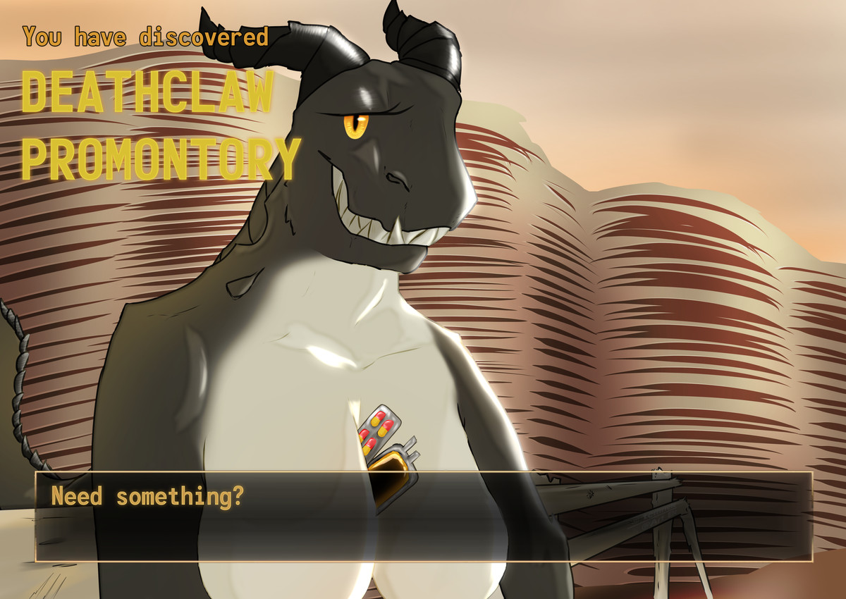 anthro bedroom_eyes between_breasts big_breasts breasts dialogue drugs featureless_breasts female fence half-closed_eyes horn looking_at_viewer narrowed_eyes object_between_breasts pills rad_x radaway seductive sharp_teeth smile smiling_at_viewer solo standing tail teeth text temnelc bethesda_game_studios fallout microsoft deathclaw deathclaw_matriarch reptile scalie 2025 absurd_res english_text hi_res