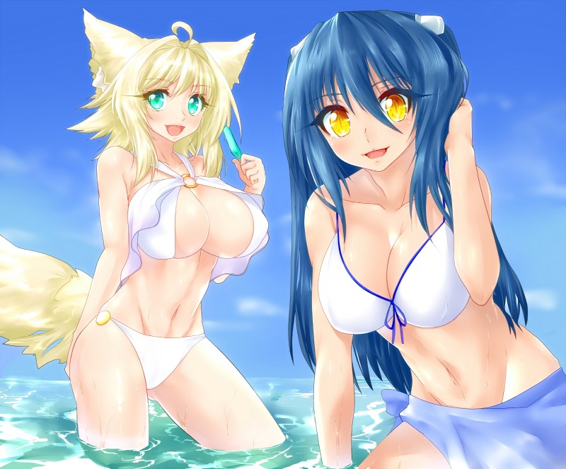 big_breasts bikini blonde_hair blue_hair blush breasts cleavage clothed clothing day detailed_background duo eyelashes female food green_eyes hair hand_behind_back hand_behind_head holding_object huge_breasts legs_in_water long_hair looking_at_viewer navel open_mouth outside partially_submerged popsicle short_hair skimpy sky submerged_legs swimwear two-piece_swimsuit under_boob water wet yellow_eyes tenna1869 animal_humanoid cat_humanoid felid felid_humanoid feline feline_humanoid human humanoid mammal mammal_humanoid 2016 absurd_res hi_res