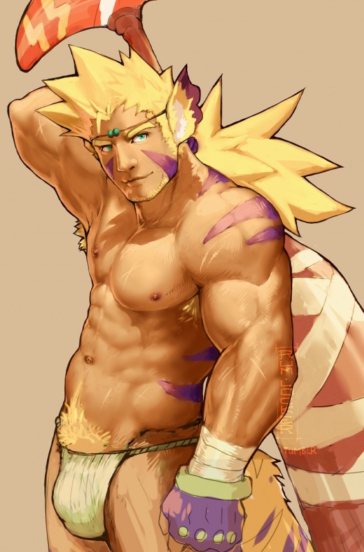 abs armpit_hair asian_clothing bandage beard biceps blonde_hair blue_eyes body_hair bottomwear bulge clothed clothing east_asian_clothing facial_hair fingerless_gloves fundoshi fur gloves hair hand_behind_head handwear happy_trail japanese_clothing light_body light_skin loincloth long_hair looking_at_viewer male markings melee_weapon muscular muscular_male navel nipples pecs pubes simple_background smile solo standing topless underwear weapon pockyrumz breath_of_fire capcom cray animal_humanoid human humanoid mammal woren hi_res watermark