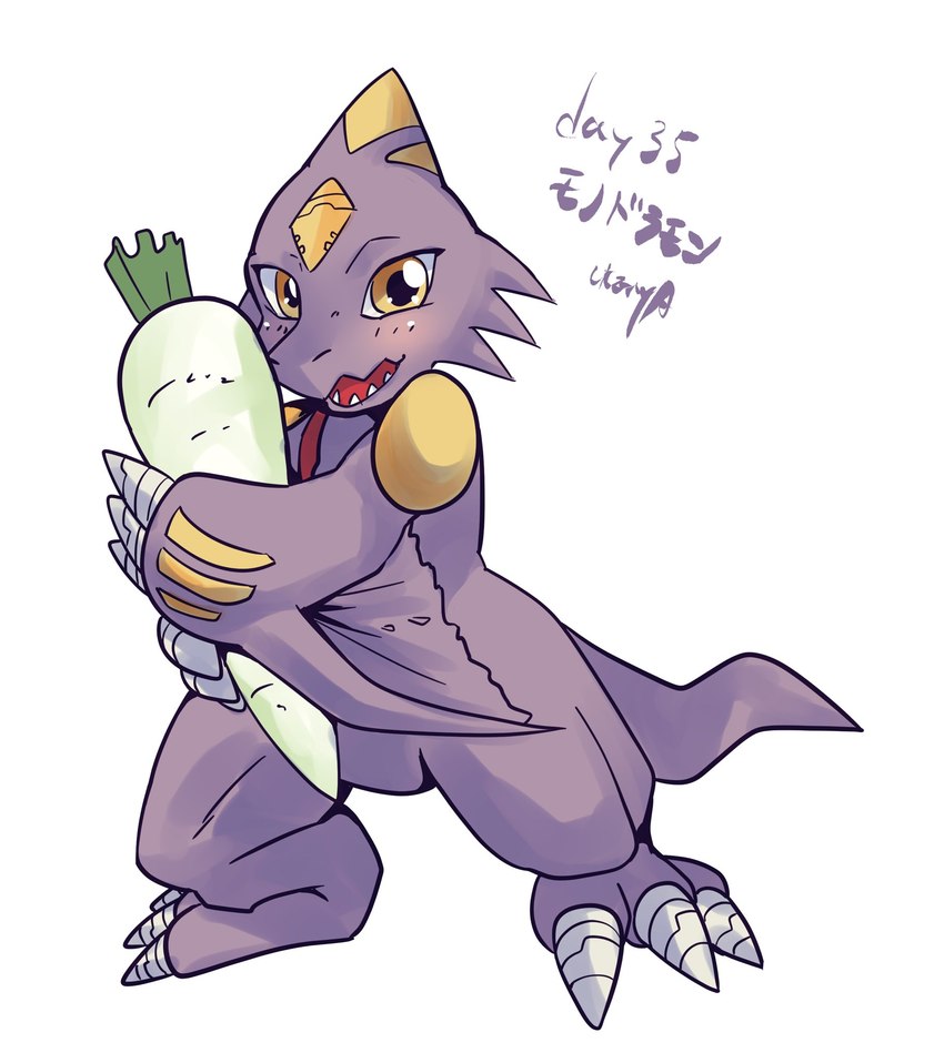 anthro blush claws food plant purple_body purple_scales scales solo tail text turnip vegetable yellow_eyes 1day1digimon bandai_namco digimon mythology digimon_(species) dragon monodramon mythological_creature mythological_scalie scalie hi_res japanese_text