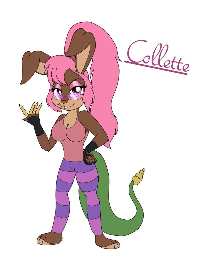 anthro big_breasts breasts brown_body brown_fur collette_(kendraeevee) eyewear female fur glasses hair long_hair long_ponytail pink_eyes pink_hair ponytail solo tail tan_body tan_fur kendratheshinyeevee hybrid lagomorph leporid mammal rabbit reptile scalie snake hi_res