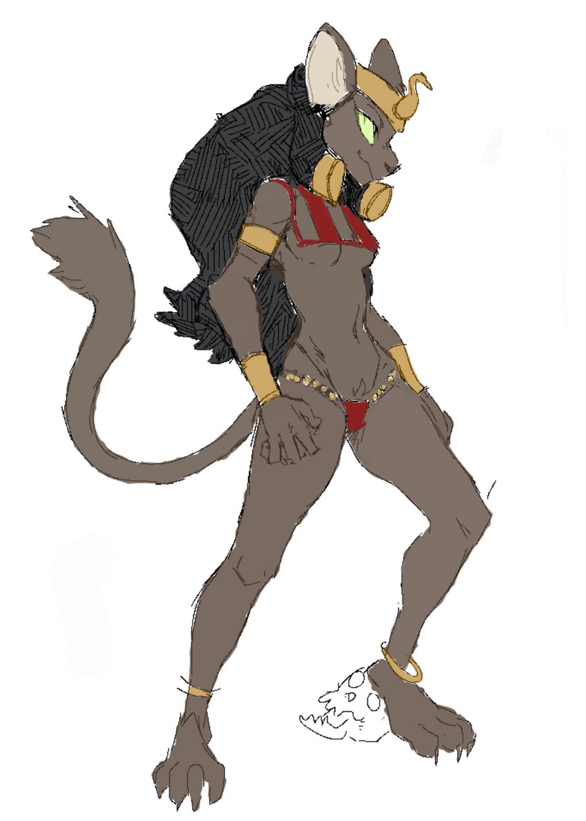 anklet anthro armband black_hair bone breasts claws clothing crotch_tuft feet female green_sclera hair headgear hindpaw humanoid_hands jewelry long_hair navel paws plantigrade pointy_ears prick_ears skimpy_bikini skinny skull slim smile snout solo standing tail thong toe_claws tuft under_boob underwear wristband guoh disney disney's_aladdin mirage_(disney) domestic_cat felid feline felis mammal hi_res