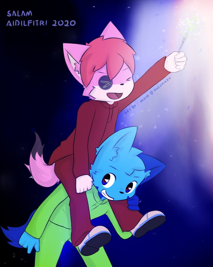 anthro blue_body blue_fur carrying_another carrying_partner clothed clothing duo eyes_closed fireworks fur green_clothing male male/male open_mouth pink_body pink_fur red_clothing smile text tongue young young_anthro young_male hazumazu haziq_(hazumazu) naz_namaki_(cynxie) domestic_cat felid feline felis mammal 2020 4:5 artist_name hi_res malaysian_text