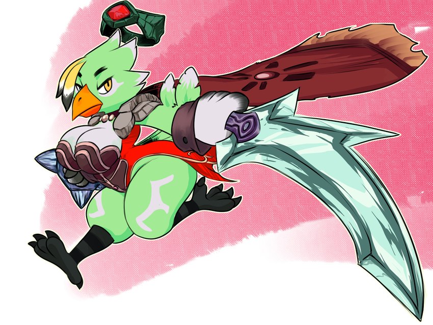 3_toes anthro avian_feet barefoot big_breasts breasts cape claws cleavage clothed clothing eyewear feathered_wings feathers feet female fully_clothed goggles green_body green_feathers holding_object holding_shield holding_weapon jumping looking_at_viewer melee_weapon non-mammal_breasts shield soles solo sword thick_thighs toe_claws toes weapon wide_hips wings yellow_body yellow_eyes yellow_feathers chochi atlyss avian bird byrdle_(atlyss) 2024 4:3 hi_res