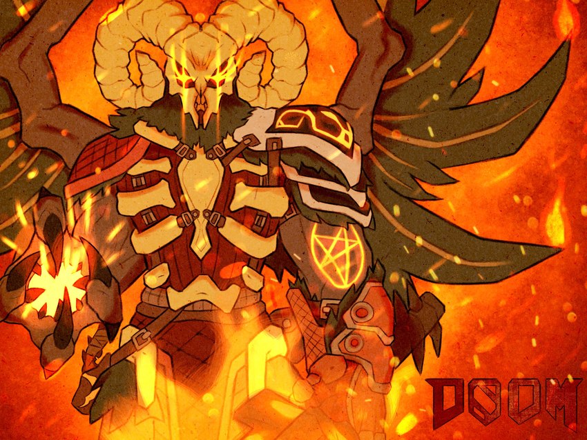 anthro armor clothed clothing dagger embers feathered_wings feathers fiery_eyes fire fire_eyes flaming_sword gauntlets gloves handwear headgear helmet horn male melee_weapon satanic shoulder_guards solo sword text weapon wings eyeball6300_(chiv) dota valve lucifer_the_doom_bringer demon 4:3 english_text hi_res