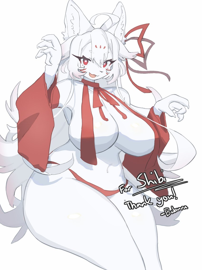 anthro big_breasts breasts clothing curvy_figure female female_anthro fur hair huge_breasts kemono looking_at_viewer navel open_mouth panties red_eyes simple_background solo thick_thighs underwear voluptuous white_background white_body white_fur white_hair wide_hips baburusushi canid canine mammal 3:4 hi_res