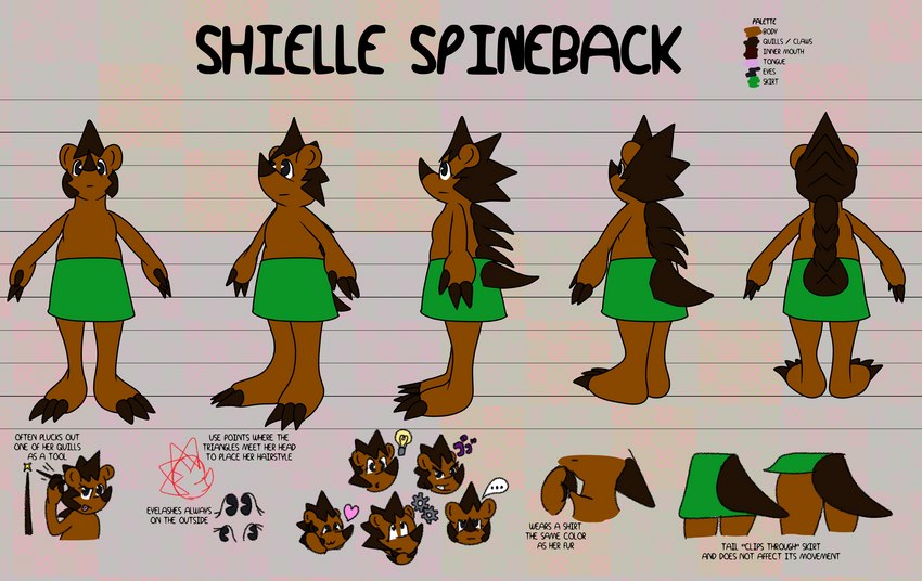 anthro bottomwear brown_body brown_fur brown_hair clothing female fur green_bottomwear green_clothing green_skirt hair mohawk skirt solo text turnaround lendri_mujina amialido_amdodo_(copyright) shielle_spineback mammal porcupine rodent 2024 digital_media_(artwork) english_text hi_res medibang_paint_(artwork) model_sheet