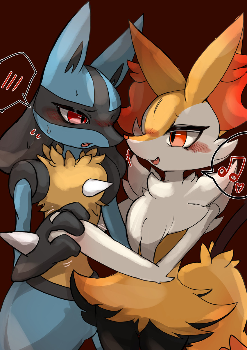3_fingers 3_toes ambiguous_gender anthro arm_tuft black_body black_fur blue_body blush blush_lines bodily_fluids cheek_tuft chest_tuft cute_fangs dancing dipstick_tail duo eye_contact facial_tuft fangs feet fingers fur hand_holding inner_ear_fluff looking_at_another markings orange_body orange_eyes orange_fur orange_nose red_eyes shoulder_tuft simple_background spikes spikes_(anatomy) stick sweat sweatdrop tail tail_markings teeth toes tuft white_body white_fur yellow_body izon448 nintendo pokemon braixen canid canine generation_4_pokemon generation_6_pokemon lucario mammal pokemon_(species) absurd_res hi_res