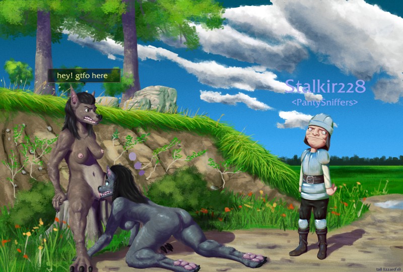 all_fours angry anthro anus armor black_hair blue_eyes boots breasts brown_body brown_fur butt claws clothed clothing cloud cunnilingus detailed_background dialogue duo female female/female field footwear forest fur genitals grass green_eyes grey_body grey_fur group hair headgear helmet humor kneeling male multicolored_body multicolored_fur nipples nude open_mouth oral outside pawpads plant pussy rock sex shoes shrub side_boob sitting sitting_on_stump sky speech_bubble spread_legs spreading standing teeth text toe_claws tongue tongue_out tree tree_stump two_tone_body two_tone_fur vaginal tall_lizzard_(artist) blizzard_entertainment me_gusta warcraft canid canine canis human mammal werecanid werecreature worgen 2018 comic digital_media_(artwork) english_text hi_res meme