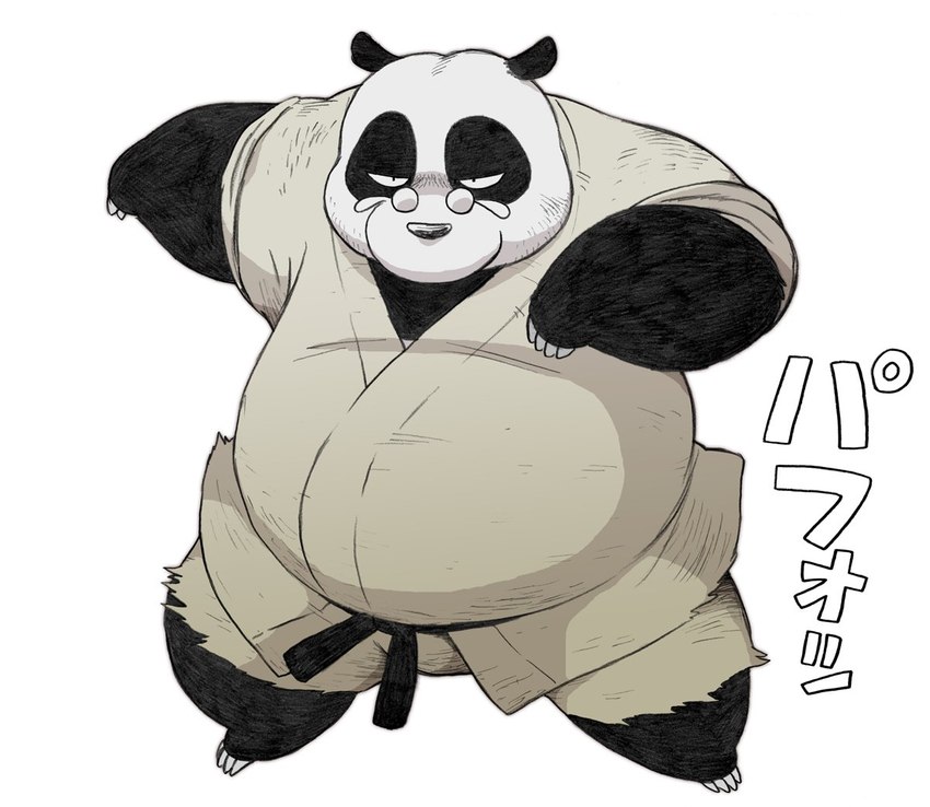 anthro belly big_belly black_body black_nose clothed clothing eyewear glasses kemono male mature_male overweight overweight_male simple_background solo text white_background white_body wantaro ranma_1/2 genma_saotome bear giant_panda mammal 2024 japanese_text