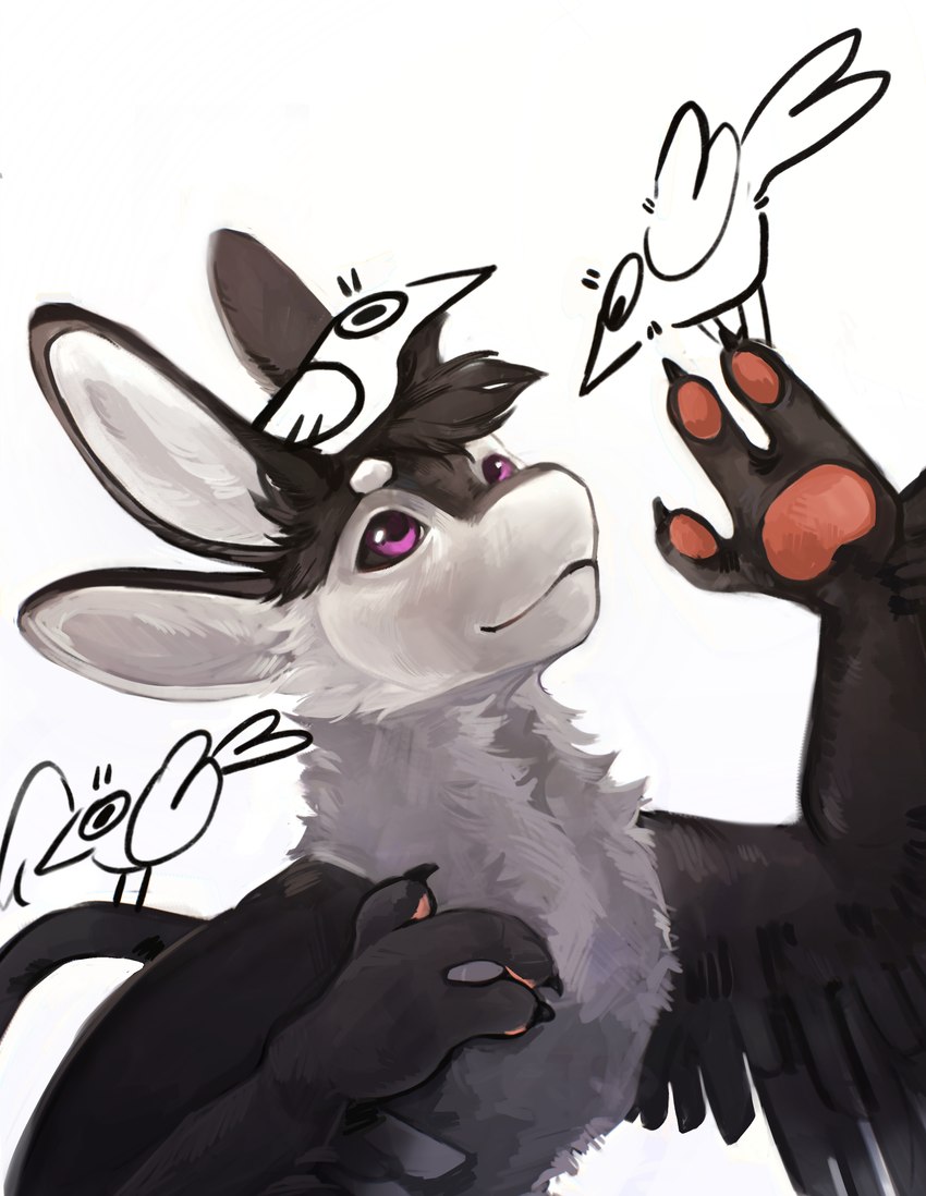 3_fingers 4_ears ambiguous_gender anthro beak black_body black_claws black_feathers black_finger_claws black_fur black_sclera claws feathered_wings feathers feral finger_claws fingers fur group hair looking_at_another looking_down looking_up multi_ear nude pawpads pink_pawpads purple_eyes simple_background size_difference smile tail toony tuft white_body white_feathers white_fur winged_arms wings sorok265 fyr_(fenrir784) avali avian bird corvid corvus_(genus) crow oscine passerine raven 2025 absurd_res colored digital_media_(artwork) hi_res sketch