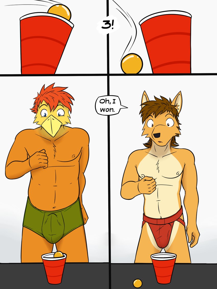 anthro beer_pong briefs briefs_only bulge clothed clothing detailed_bulge dialogue duo genital_outline jockstrap jockstrap_only male nipples penis_outline solo_cup strip_game text topless underwear underwear_only fuze texnatsu johnny_(texnatsu) mond_reyes avian bird canid canine canis chicken coyote galliform gallus_(genus) mammal phasianid comic english_text hi_res