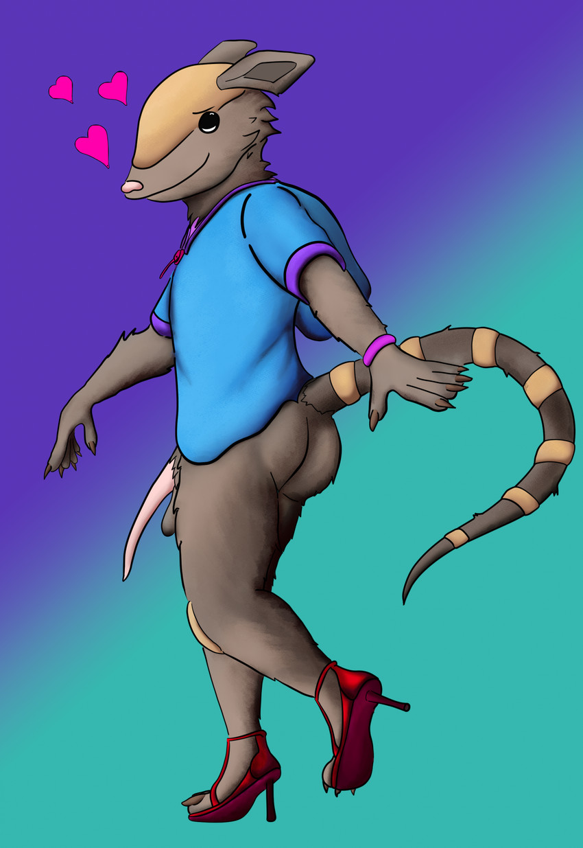 anthro armband big_butt blue_clothing blue_shirt blue_topwear bottomless butt clothed clothing crossdressing flaccid footwear genitals gradient_background happy heart_symbol high_heels male muscular muscular_male penis pose shell shirt shoes shy simple_background smile smiling_at_viewer solo tail topwear snufflesnuf rillian_(snufflesnuf) armadillo mammal xenarthran hi_res