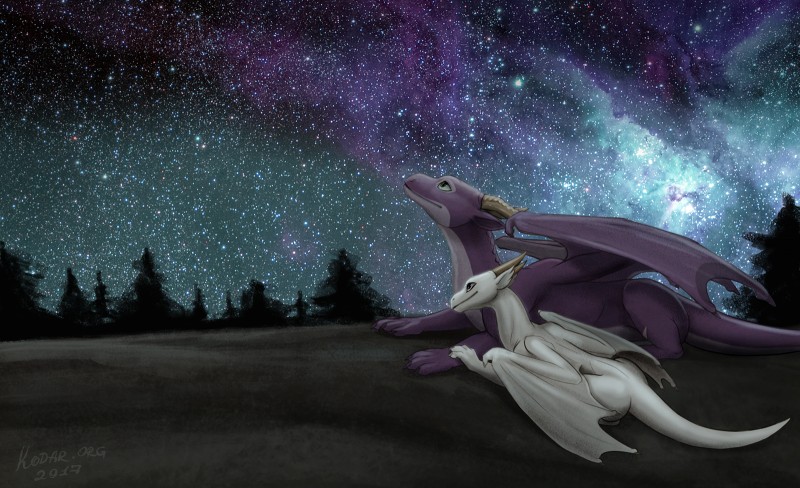 detailed_background feral green_eyes horn membrane_(anatomy) membranous_wings night outside purple_body purple_skin sky smile star starry_sky tail white_body white_skin wings conditional_dnp kodardragon european_mythology mythology chara_(kodardragon) kodardragon_(character) dragon mythological_creature mythological_scalie scalie western_dragon 2017 hi_res