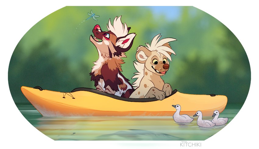 ambiguous_gender boat brown_body brown_fur canoe detailed_background feral fur group open_mouth outside pink_tongue red_body red_fur red_nose smile tan_body tan_fur teeth tongue tongue_out vehicle water watercraft white_body white_fur kitchiki febzhyena_(kitchiki) june_(prismpaws) ambient_dragonfly anatid anseriform avian bird brown_hyena duck hyena mammal spotted_hyena 2021 digital_drawing_(artwork) digital_media_(artwork)