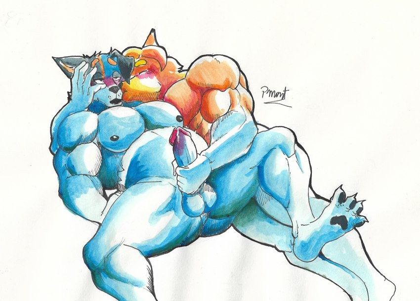 anthro anthro_on_anthro anus balls barazoku belly biceps blue_body blue_fur blush bodily_fluids butt claws cum cum_on_penis duo eyebrows feet fur genital_fluids genitals glans hair handjob humanoid_genitalia humanoid_penis kissing kissing_cheek lying male male/male multicolored_body multicolored_fur muscular muscular_anthro muscular_male nipples on_back orange_body orange_fur penile penis sex spread_legs spreading toe_claws pinumontbalou bluey_(series) radley_heeler stripe_heeler australian_cattle_dog canid canine canis cattledog domestic_dog herding_dog mammal pastoral_dog hi_res brother_(lore) brothers_(lore) incest_(lore) sibling_(lore)