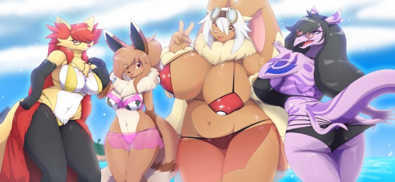 alternate_color anthro anthrofied big_breasts bikini breasts butt clothing detailed_background female front_view group huge_breasts looking_back non-mammal_breasts pokemorph rear_view standing swimwear two-piece_swimsuit metaljaw75 nintendo pokemon deziree_aramura elle_andrews fan_character marissa_the_eevee troika_the_lopunny canid canine delphox eevee generation_1_pokemon generation_4_pokemon generation_6_pokemon generation_7_pokemon lagomorph lopunny mammal pokemon_(species) reptile salazzle scalie