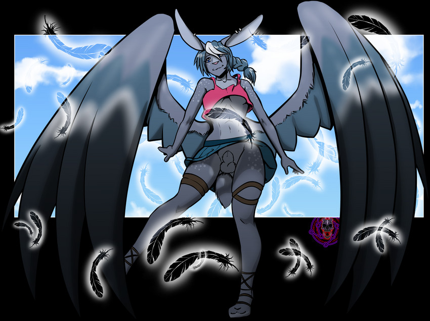 animal_genitalia anthro breasts clothed clothing feathered_wings feathers flying genitals gynomorph intersex midriff muzzle_feet sheath solo under_boob upskirt wings spicedevil sapphire_beverin lagomorph leporid mammal rabbit skvader 2020 absurd_res alpha_channel hi_res