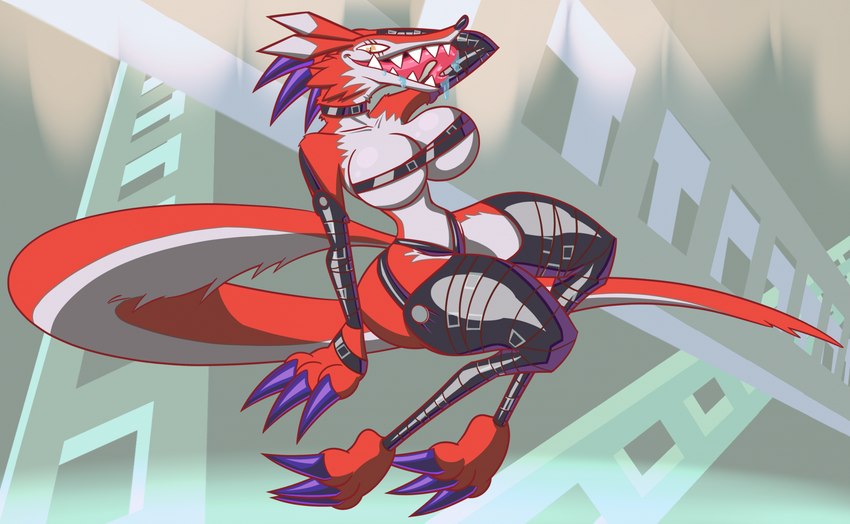 anthro belt big_claws big_feet big_hands bodily_fluids breasts buckle claws clothing drooling fangs feet female leather leather_clothing long_tail saliva scar sitting small_waist smile solo tail teeth tongue tongue_out toonvasion bandai_namco digimon digimon_(species) fangmon hi_res