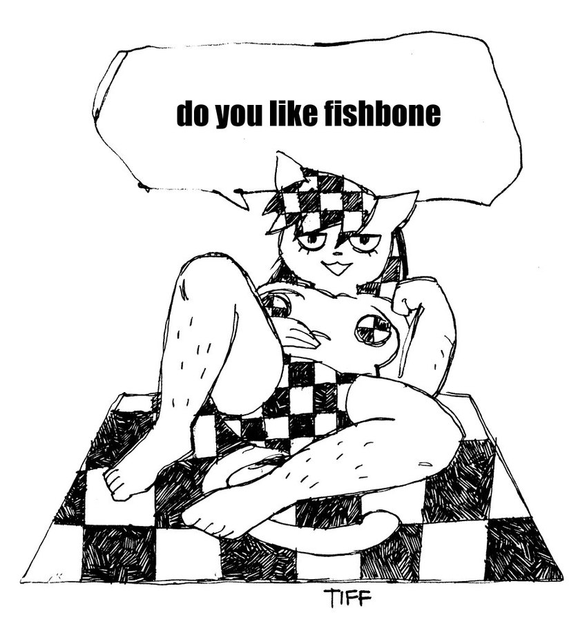 anthro biped breasts checkered checkered_clothing clothed clothing dialogue eyelashes female hair hairy_legs hand_on_belly looking_at_viewer lying multicolored_hair on_back open_mouth pasties pattern_clothing pattern_underwear seductive simple_background solo speech_bubble text topless topless_female two_tone_hair underwear white_background gaydottiff source_cat_(gaydottiff) domestic_cat felid feline felis mammal 2023 black_and_white english_text monochrome signature gynomorph_(lore) trans_(lore) trans_woman_(lore)