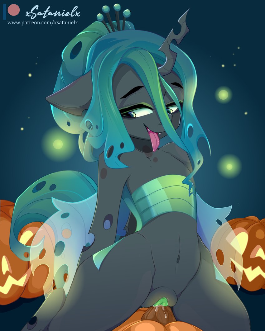 female female_penetrated feral genitals green_pussy improvised_sex_toy jack-o'-lantern masturbation penetration pussy solo tongue tongue_out vaginal vaginal_masturbation vaginal_penetration xsatanielx friendship_is_magic hasbro my_little_pony queen_chrysalis_(mlp) arthropod changeling 4:5 absurd_res hi_res