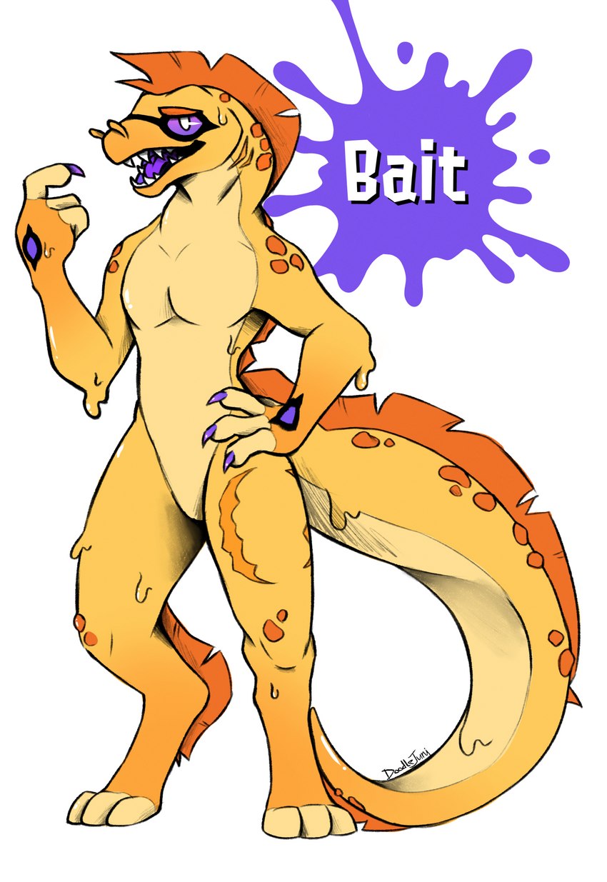 anthro beckoning big_tail bite_mark claws digitigrade dorsal_fin dripping eye_markings fin gesture gills hand_gesture hand_on_hip ink male markings open_mouth orange_fin pointing pointing_at_self pupils scales shark_bite slime solo splat standing tail teeth teeth_showing text tongue white_pupils yellow_body doodlejuni nintendo splatoon bovid caprine eel fish goo_creature mammal marine moray_eel flat_colors hi_res