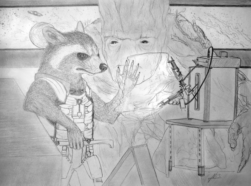 claws clothing duo hologram mercenary oxy_acetylene_welding partners plant science_fiction space tree welding holt5 guardians_of_the_galaxy marvel groot rocket_raccoon elemental_creature elemental_humanoid flora_colossus flora_fauna humanoid mammal plant_humanoid procyonid raccoon fiction hi_res monochrome