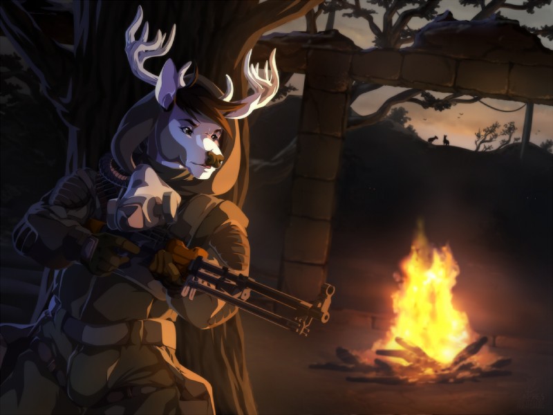 5_fingers anthro antlers black_nose detailed_background fingers fire gun hair holding_gun holding_object holding_ranged_weapon holding_weapon horn male outside ranged_weapon sky solo twilight weapon lapres deer mammal 2019 4:3 digital_media_(artwork)