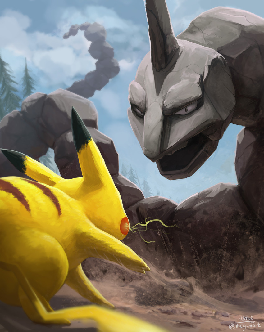 ambiguous_gender battle cloud day detailed_background duo electricity eye_contact looking_at_another plant rock size_difference tree butt-berry nintendo pokemon generation_1_pokemon onix pikachu pokemon_(species) absurd_res hi_res signature