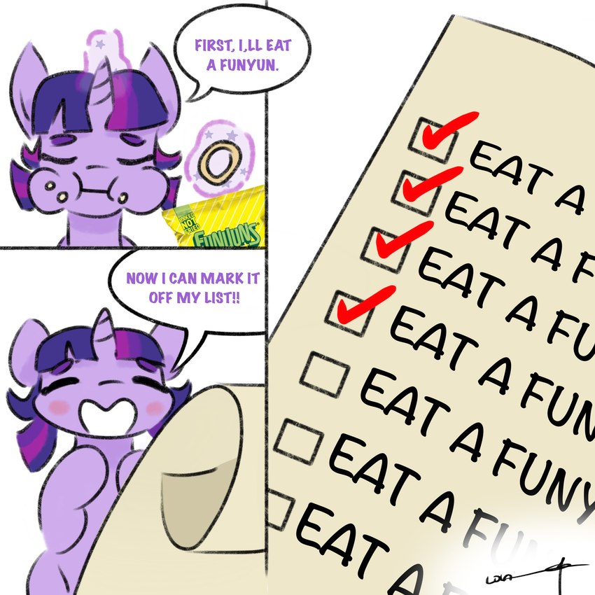 chewing dialogue eating eyes_closed female hair horn list magic mane paper purple_body purple_hair purple_mane simple_background solo speech_bubble text white_background tuskonline friendship_is_magic funyuns hasbro my_little_pony mythology twilight_sparkle_(mlp) equid equine horse mammal mythological_creature mythological_equine pony unicorn 1:1 comic english_text hi_res