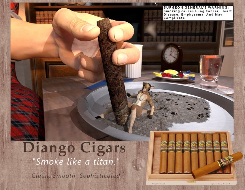 advertisement anthro ashtray cigar classy disembodied_hand duo femboy graphic_design magazine male miniature nude_anthro shrunken smoke smoking solo_focus surrealism text tobacco perturbedmania matthew_cooke kangaroo macropod mammal marsupial 3d_(artwork) daz_studio_(artwork) digital_media_(artwork) english_text hi_res